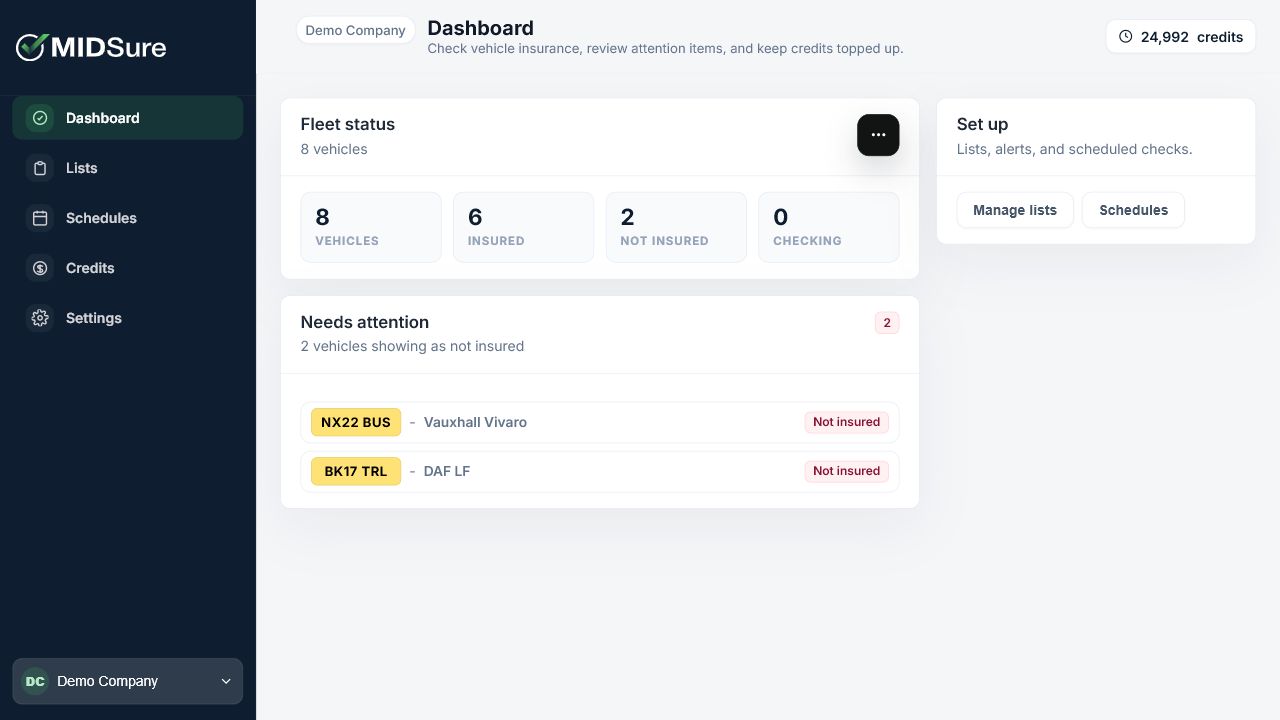 MIDSure dashboard showing vehicle checks, list status, and account navigation.