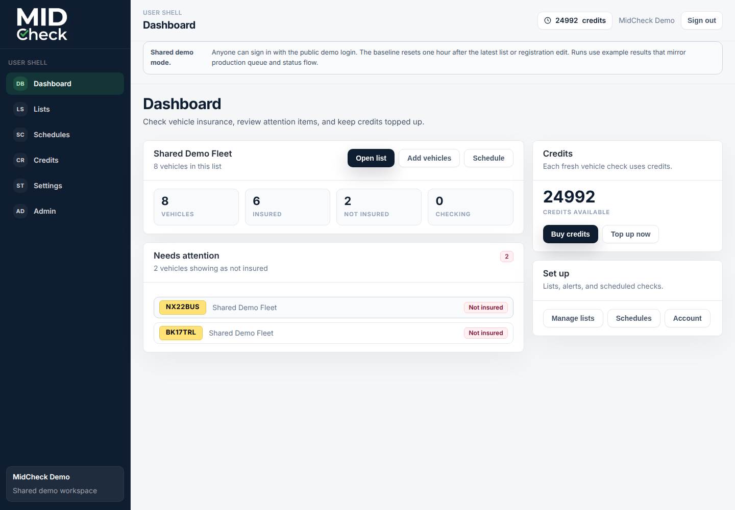 MIDSure product screen for vehicle lists, checks, alerts, and reports.