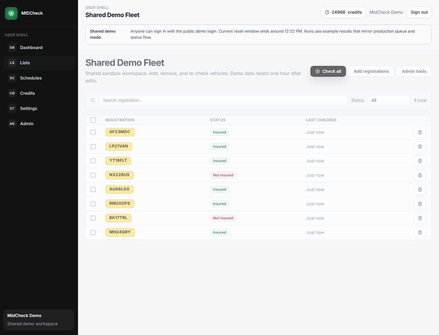 MIDSure product screen for vehicle lists, checks, alerts, and reports.
